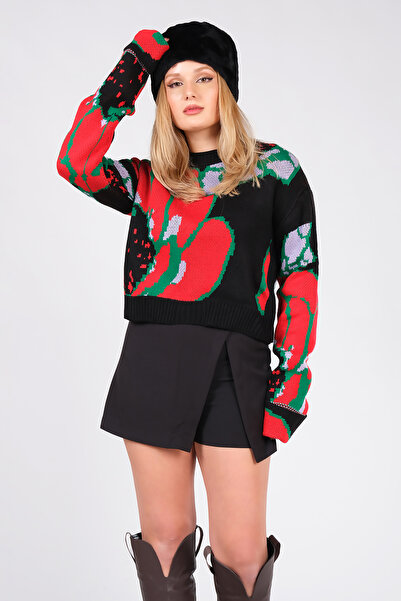 Giyim Dünyası سترة نسائية منقوشة بأكمام مزدوجة باللون الأسود