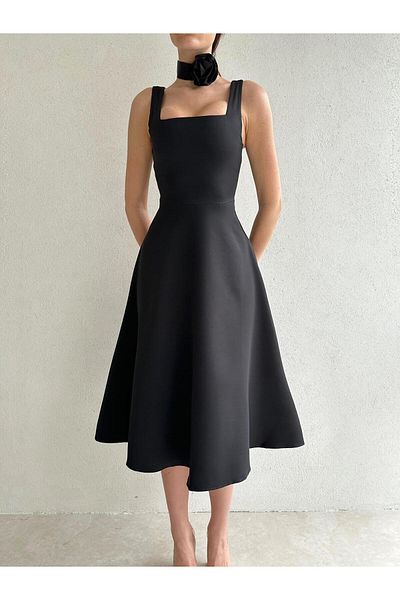 bayansepeti Women's Atlas Fabric Square Collar Black Flared Midi Evening Dress 151