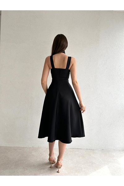 bayansepeti Women's Atlas Fabric Square Collar Black Flared Midi Evening Dress 151