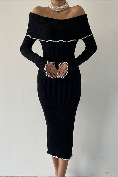bayansepeti Knitwear Fabric Long Sleeve Carmen Collar Midi Length Black Evening Dress 175