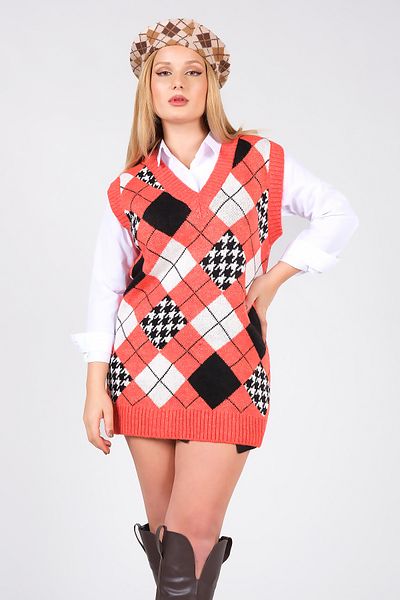 Giyim Dünyası Women's Baklava Pattern Oversize Knitwear Sweater Orange