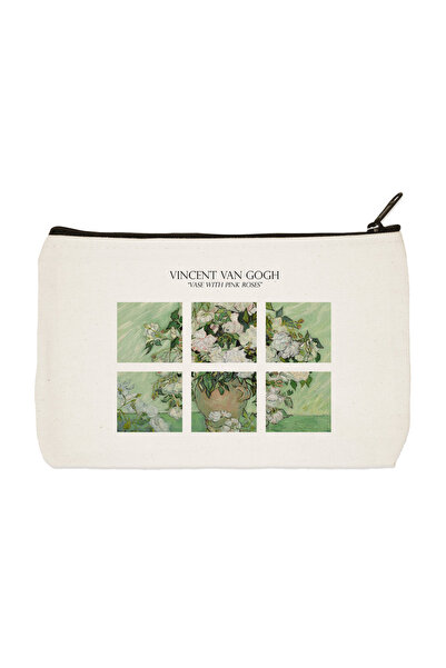 designedfy Платнена чантичка за грим, моливи, чанта с щампа на розови рози Ван Гог