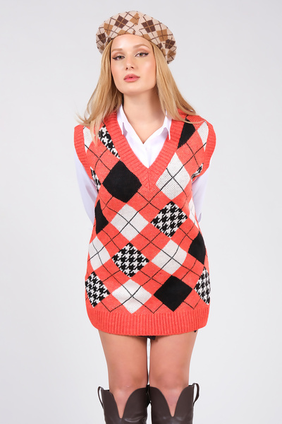 Giyim Dünyası Women's Baklava Pattern Oversize Knitwear Sweater Orange