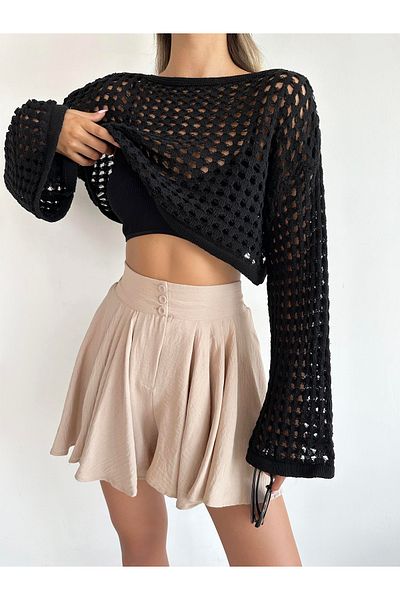 munora butik Long Sleeve Black Knitwear Crop Blouse