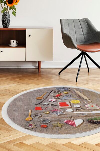 Dijidekor Καφέ χαλί με κρόσσια ψηφιακό στρογγυλό χαλί αντιολισθητικό που πλένεται 160Χ160