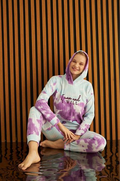 bie's Blue Purple Tie-Dye Pattern Hooded Ribbed Fleece Ankle Cuffed Winter Slim Fit Narrow Fit Pajamas Set