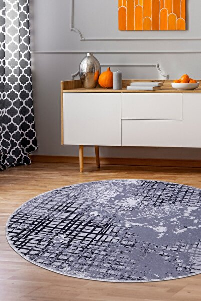 Dijidekor 8881 سجادة ديكور مستديرة قابلة للغسل باللون الرمادي والأسود بدون ها...