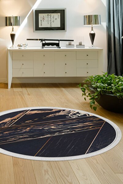 Dijidekor سجادة مستديرة رقمية مهدبة باللون الأسود والذهبي غير قابلة للانزلاق ...