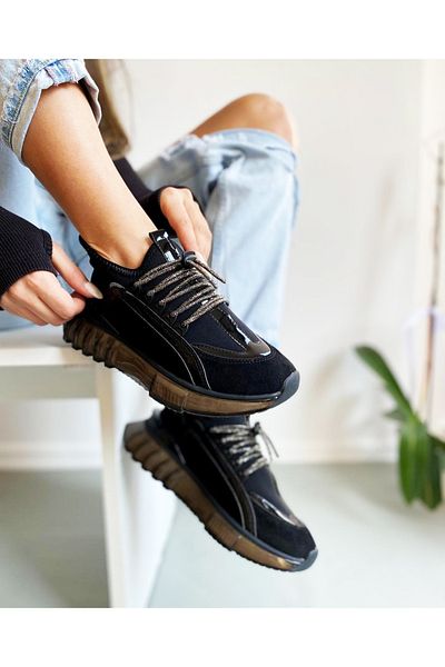 Afilli Women's Black Patent Leather Suede Stretch Transparent Thick Platform Sole Stoned Shiny Sneaker Casual Sports Shoes