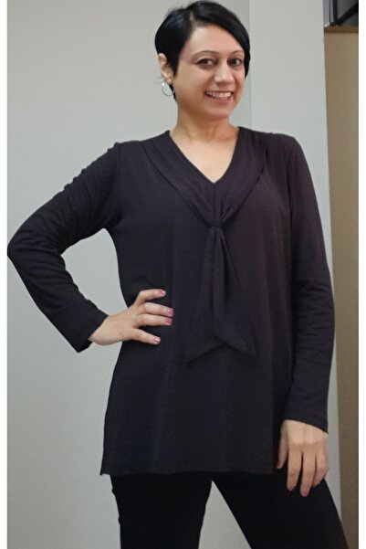 Mertcan Butik Tricou cu mânecă lungă din viscoză din bumbac pieptănat cu aspect de batică neagră