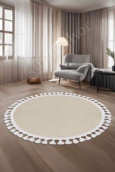 Dijidekor Avangard Round Rug Sahara Cream Bath Rug Fringed 90X90