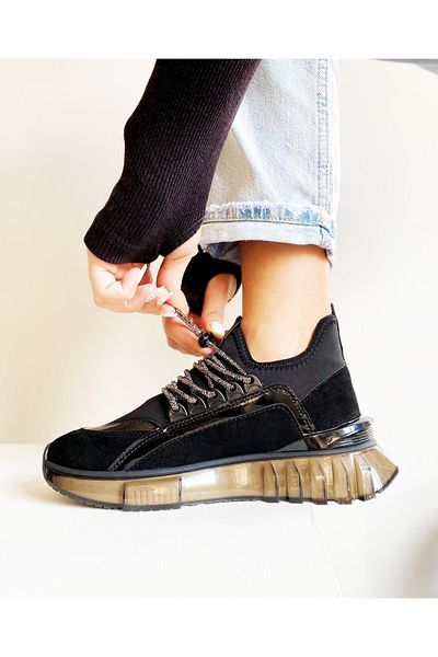 Afilli Women's Black Patent Leather Suede Stretch Transparent Thick Platform Sole Stoned Shiny Sneaker Casual Sports Shoes