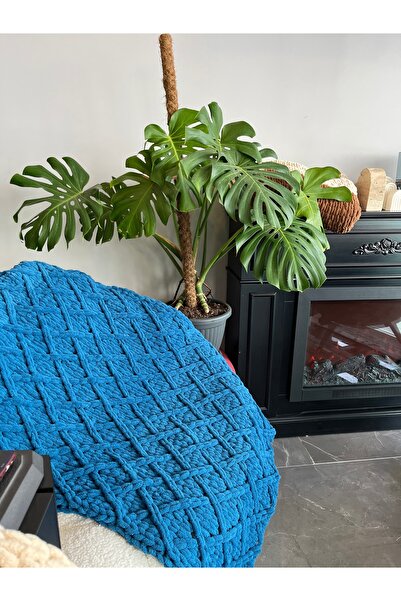 Missworble Puffy Hand Knitted Fireplace and TV Blanket Diamond Patterned Petrol Blue 90 X 165 Cm