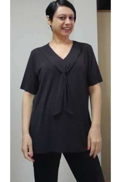 Mertcan Butik Tricou cu mânecă scurtă din bumbac pieptănat din viscoză cu guler negru