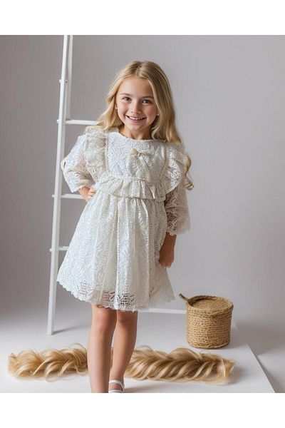 morwind Girl's Bow Detailed Brode Lace Dress Birthday Dress