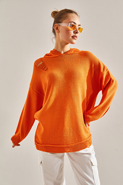 Bianco Lucci Women's Hooded Ripped Detailed Knitwear Sweater