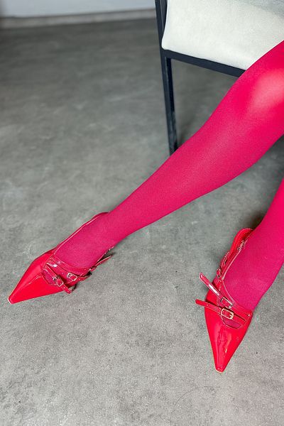 SHOEBELLAS Space Red Patent Leather Three Buckle Detailed Women's Heeled Shoes