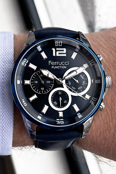 Ferrucci Function Men's Wristwatch 3 Atm Waterproof Navy Color Leather Band + Gift Bracelet FRE2043C3