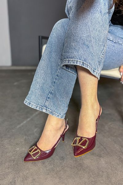 SHOEBELLAS Pantofi cu toc de damă Avent Claret roșu cu cataramă din piele lacuită
