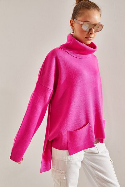 Bianco Lucci Women's Turtleneck Double Pocket Oversize Knitwear Sweater