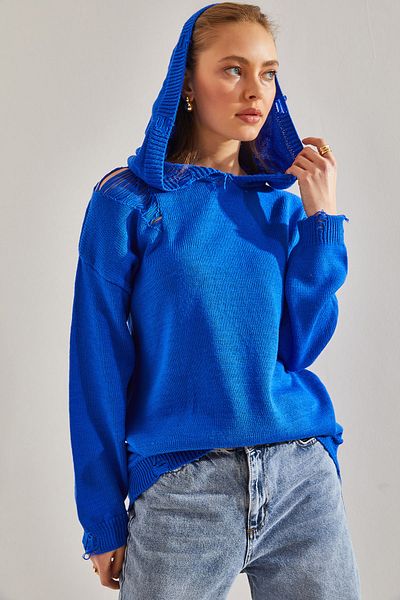 Bianco Lucci Damen Strickpullover mit Kapuze und zerrissenem Detail
