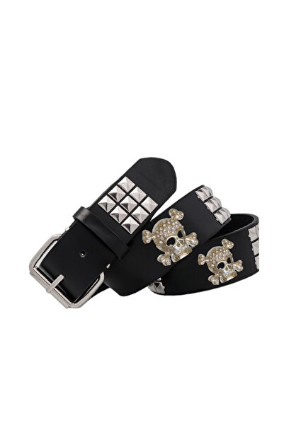 targay Ζώνη με καρφιά σε στυλ καουμπόι με πόρπες κρανίου, πυραμίδα και γοτθικ...