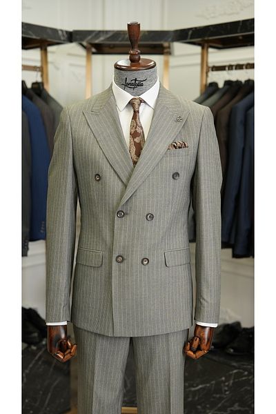 LONATOLİA Men's Striped Double Breasted Suit Italian Style Slim Fit Jacket Pants