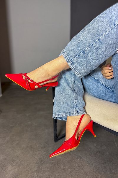 SHOEBELLAS Monica Red Patent Leather Two Buckle Detailed Women's Heeled Shoes