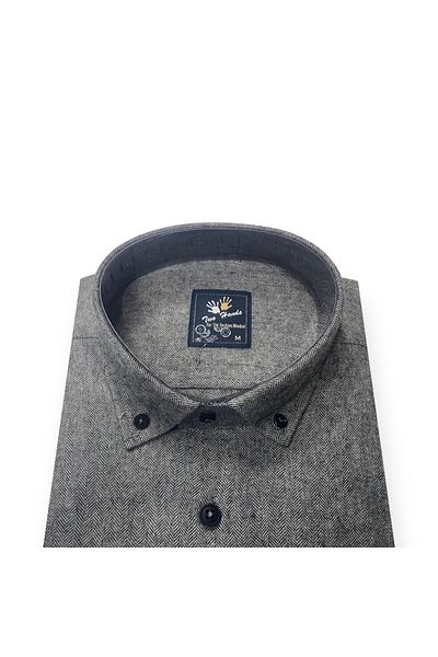 Sadık Collection Ανδρικό πουκάμισο Two Hands Classic Relaxed Fit με μακρυμάνικο μονό τσεπάκι ύφασμα ψαροκόκκαλο γκρι χρώμα 505