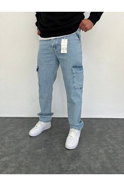 Gambocci Men's Ice Blue Jeans Baggy Cargo Pocket Trousers
