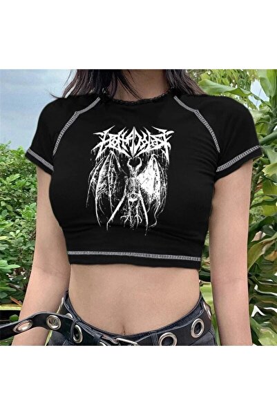 GOSSİP TEAM Μπλουζάκι με κουκούλα εξωτερικού χώρου Gothic Punk Harajuku Fashion Winged Skeleton με κοντό μανίκι Crop