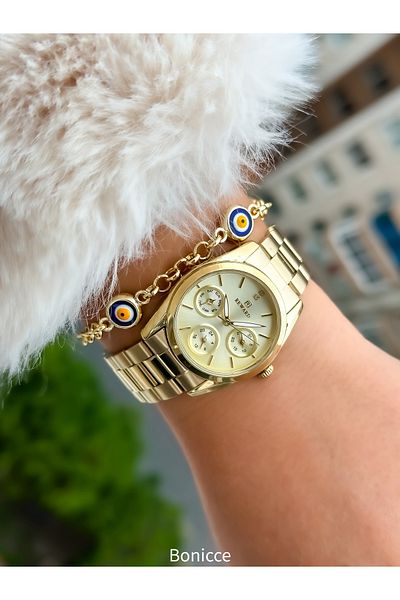 Reward Small Case, Steel Strap, Special Lock System, Gold Yellow Color Women's Wristwatch + Bracelet