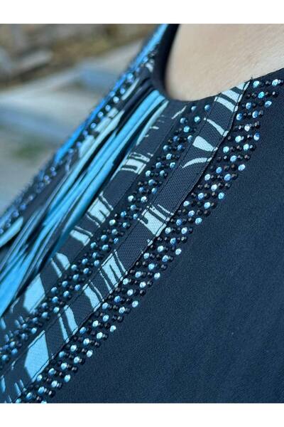 Yeşilmoda elbise abiye şifon taşli işlemeli mavi diz altı