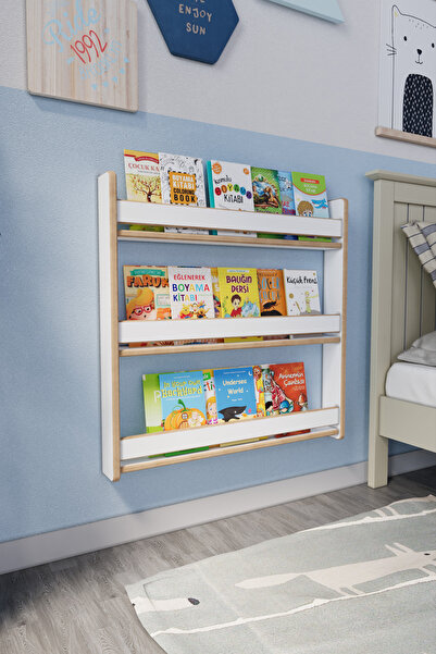 zeo wood design Montessori 3 Raflı Çocuk Kitaplığı 80*80 Cm Beyaz