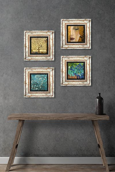 Pinecone Van Gogh, Gustav Klimt Stone Wall Painting Framed Wall Decor 4 Piece Painting Set Wall Art Tk4-1037