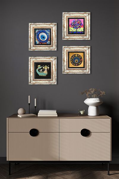 Pinecone Evil Eye, Arborele Vieții, Pictură pe perete din piatră Shahmeran Decor de perete înrămat Set de pictură 4 piese TK4-1206