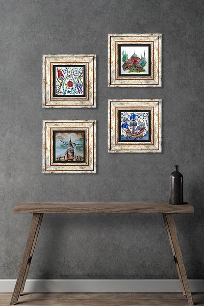 Pinecone Tile Art Sailing Ship, Tulip, Istanbul Hagia Sophia, Galata Tower Stone Painting Framed Wall Decor