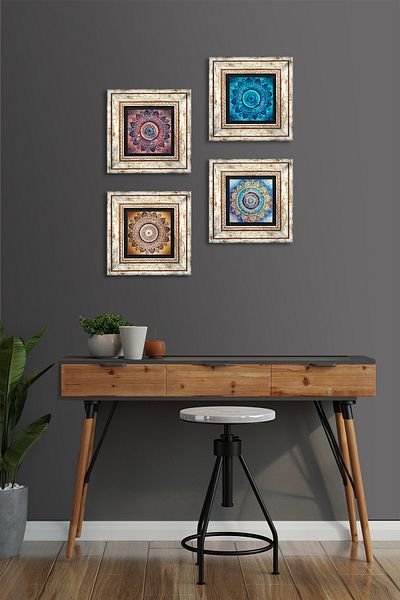 Pinecone Mandala Stone Wall Painting Framed Wall Decor 4 Piece Painting Set Wall Art Tk4-1082