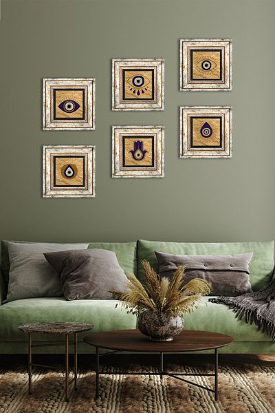 Pinecone Fatma Mother Hand (Hamsa), Evil Eye Stone Wall Painting Framed Wall Decor 6 Piece Painting Set Tk6-87