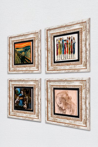Pinecone Leonardo Da Vinci, the Scream, Native Women Stone Wall Painting Framed Wall Decor Set of 4 Tk4-1669