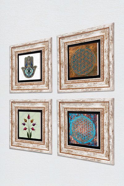 Pinecone Floarea vieții, lalele, mână Fatma (Hamsa) Pictură pe perete din piatră Set de 4 decorațiuni de perete înrămate TK4-407