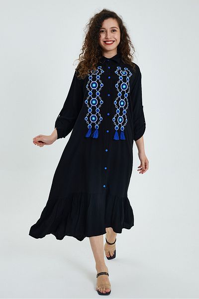 AYASOFYA OTANTIK Women's Black Evil Eye Bead Embroidery Embroidered Shirt Dress