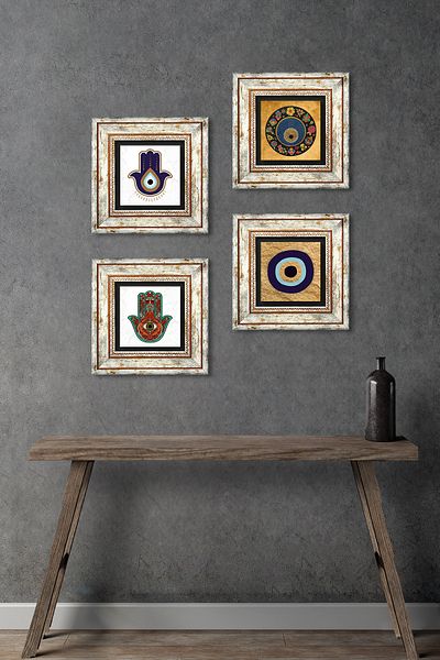Pinecone Fatma Mother Hand (Hamsa), Nazar Stone Wall Painting Framed Wall Decor 4 Piece Painting Set Tk4-1817