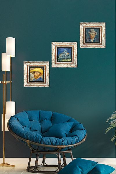 Pinecone Biserica Van Gogh, Autoportret cu pălărie de paie, Autoportret Pictură pe perete de piatră Decor de perete înrămat 3 buc.