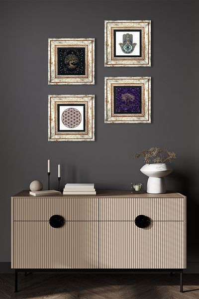 Pinecone Flower of Life, Tree of Life, Fatma Ana Eli (Hamsa) Stone Wall Painting Framed Wall Decor 4-Piece Table