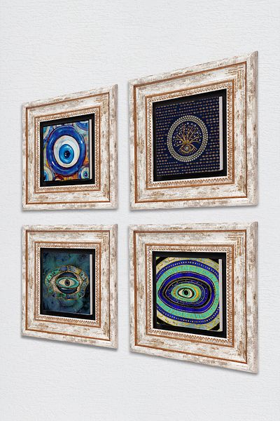 Pinecone Evil Eye Stone Wall Painting Framed Wall Decor 4 Piece Painting Set Wall Art Tk4-1246