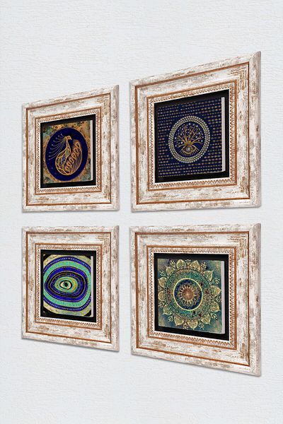 Pinecone Mandala, Evil Eye, Peacock Stone Wall Painting Framed Wall Decor 4 Piece Painting Set Wall Art