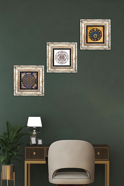 Pinecone Sri Yantra, Flower of Life, Evil Eye Stone Wall Table Framed Wall Decor Set of 3 TK3-365