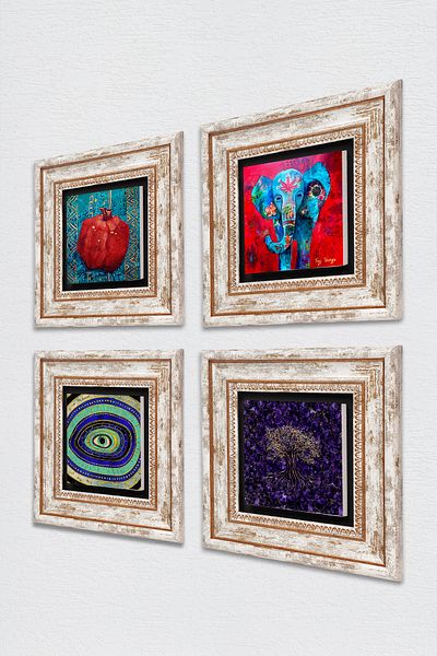 Pinecone Tree of Life, Elephant, Evil Eye, Pomegranate Stone Wall Painting Framed Wall Decor 4 Piece Painting Set Tk4-1282