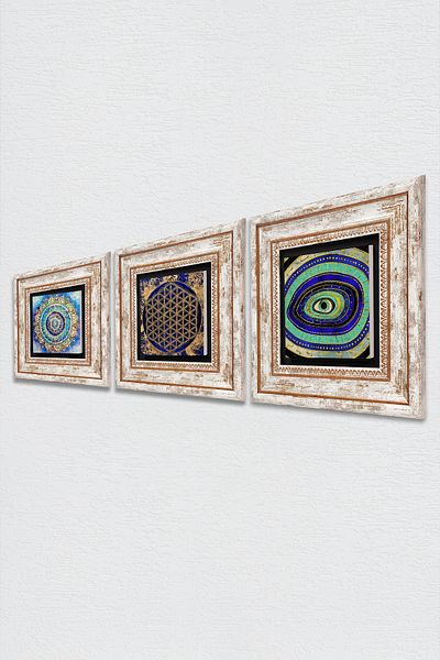 Pinecone Mandala, Evil Eye, Flower of Life Stone Wall Painting Framed Wall Decor 3 Piece Painting Set Wall Art